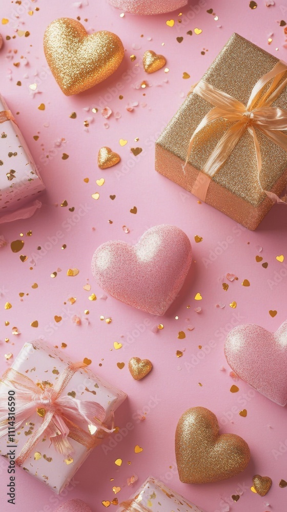 Decorative gifts and hearts arranged on a pink background for a festive celebration Decorative gifts and hearts arranged on a pink background for a festive celebration