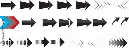 Arrows in black, white, red, blue, and gray, pointing in various directions (forward, backward, curved, straight) and styles (thick, thin, outline, filled, gradient). Ideal for design, navigation.