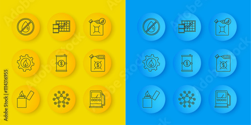 Set line Lighter, Oil industrial factory building, Barrel oil with dollar, Petrol gas station, Canister for motor machine, No drop, Bio fuel canister and price increase icon. Vector