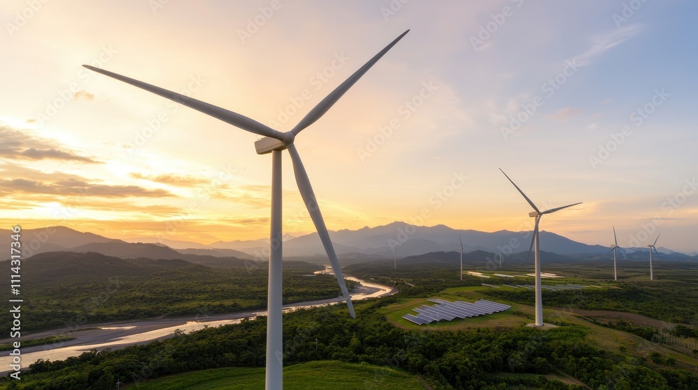 Environmental Consideration Concept. Wind turbines against a sunset landscape. Environmental Consideration Concept. Wind turbines against a sunset landscape.