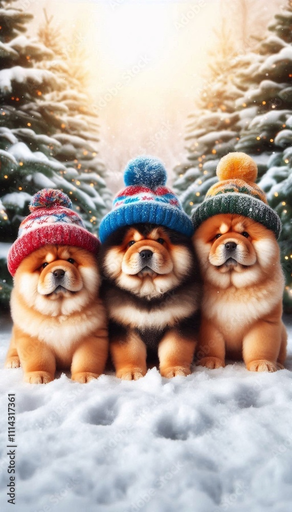 Fototapeta premium Adorable Chow Chow Puppies in a Snowy Winter Wonderland