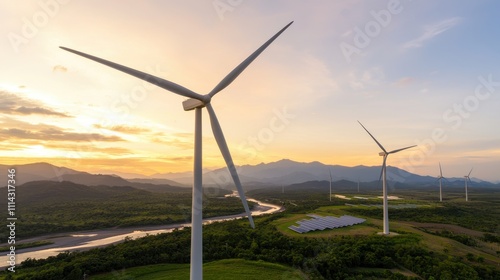 Environmental Consideration Concept. Wind turbines against a sunset landscape.