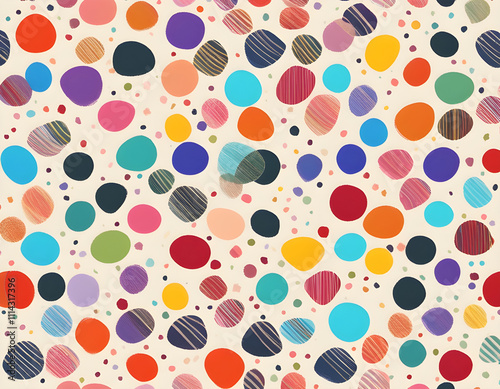 Multicolored curved checkered lines and confetti, polka dots, striped pattern on a light background