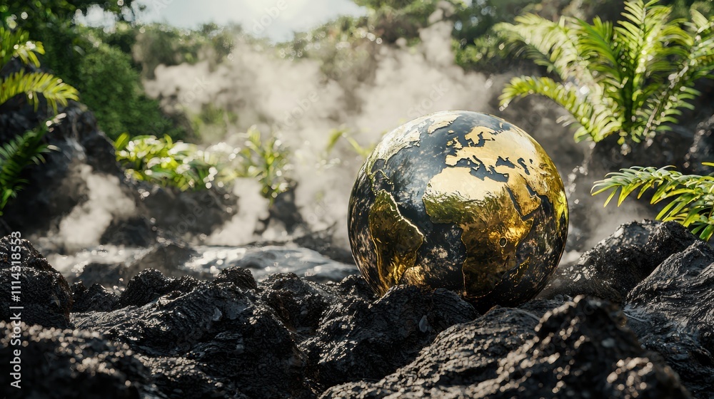 Metallic sheen globe on volcanic landscape nature photography outdoor environment high fidelity viewpoint conceptual imagery Metallic sheen globe on volcanic landscape nature photography outdoor environment high fidelity viewpoint conceptual imagery