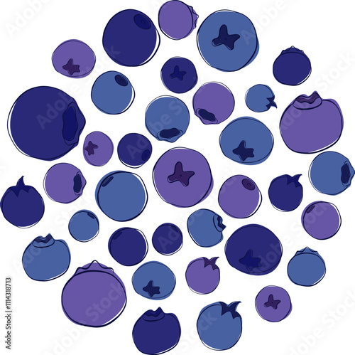 Blueberry blackberry, hand drawn in watercolor, group of scattered ripe forest berry with drops, blue and purple circle round composition. For restaurant, cafe menu, wedding, farmers market