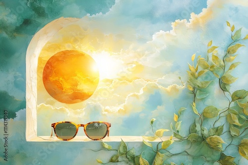 Sun and sunglasses artistic image perfect for summer vacation designs and posters photo