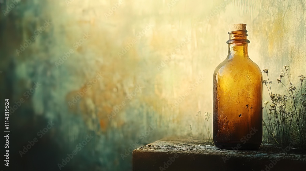 Amber glass bottle with cork stopper sits on rustic wood against textured wall. Amber glass bottle with cork stopper sits on rustic wood against textured wall.