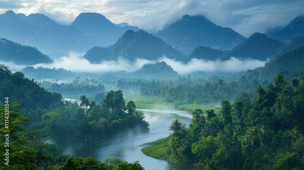 Serene River Flowing Through Lush Green Valley Under Misty Mountains at Dawn with Soft Clouds in the Majestic Landscape of Nature Serene River Flowing Through Lush Green Valley Under Misty Mountains at Dawn with Soft Clouds in the Majestic Landscape of Nature