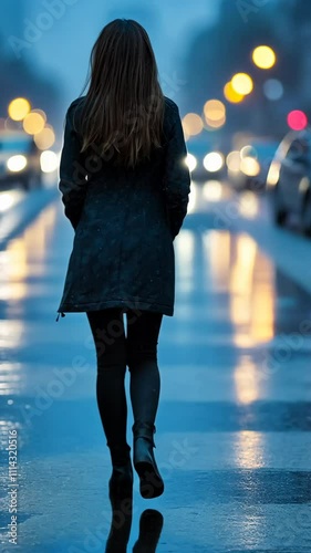 Young woman walks alone on wet city street at dusk with illuminated traffic lights in the background