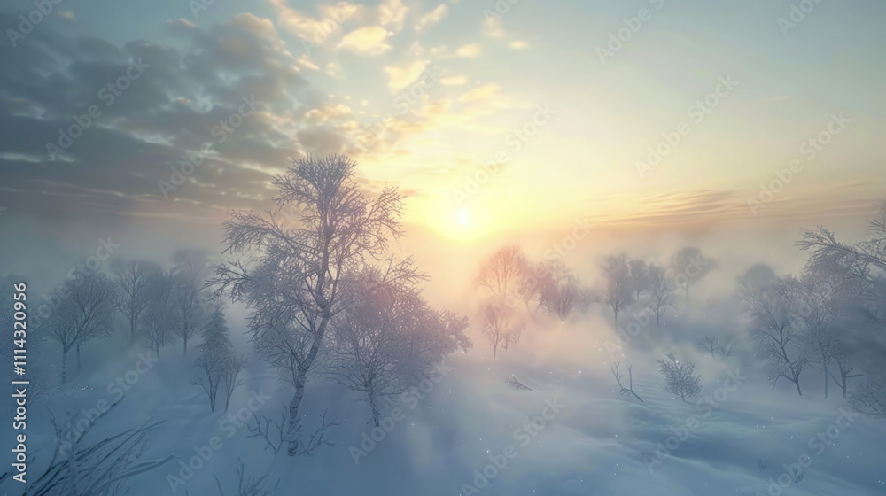 Frosty winter landscape with a light fog creating a soft, dreamlike atmosphere Frosty winter landscape with a light fog creating a soft, dreamlike atmosphere
