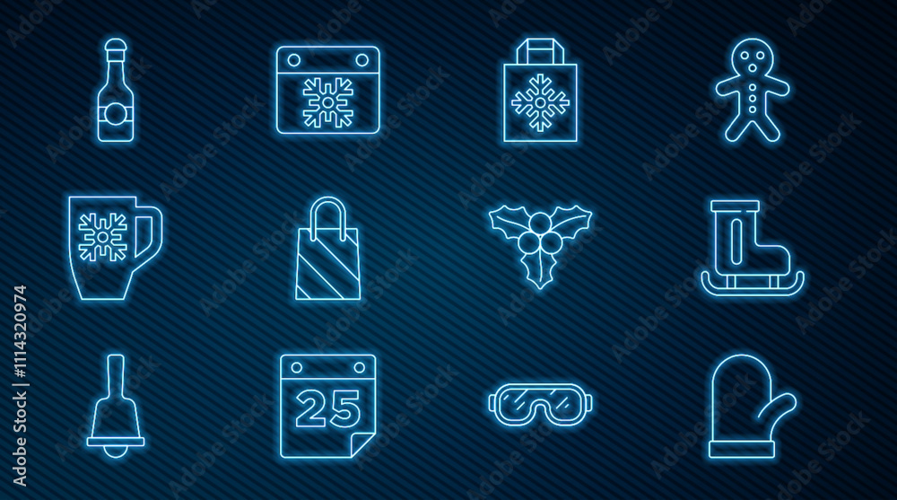 Set line Christmas mitten, Figure skates, shopping bag, Coffee cup with snowflake, Champagne bottle, Branch viburnum and Calendar icon. Vector Set line Christmas mitten, Figure skates, shopping bag, Coffee cup with snowflake, Champagne bottle, Branch viburnum and Calendar icon. Vector