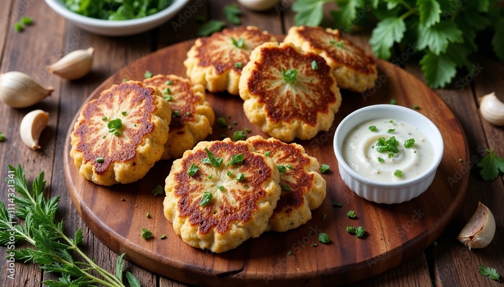 Homemade crab cakes served on wooden board with garlic, herbs, and dipping sauce Homemade crab cakes served on wooden board with garlic, herbs, and dipping sauce