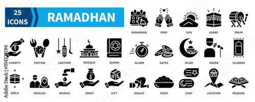Ramadhan icon collection set. Containing pray, kaaba, fasting, lantern, mosque, quran, zakat icon. Simple black fill vector.