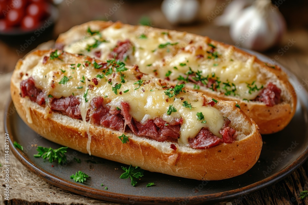 Mouthwatering gourmet burger with beef, cheese, and fresh toppings served on a dark plate Mouthwatering gourmet burger with beef, cheese, and fresh toppings served on a dark plate