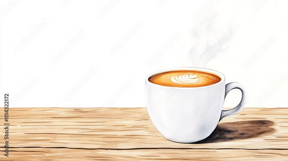 Obraz premium Steaming Watercolor Coffee Cup on Textured Wooden Surface
