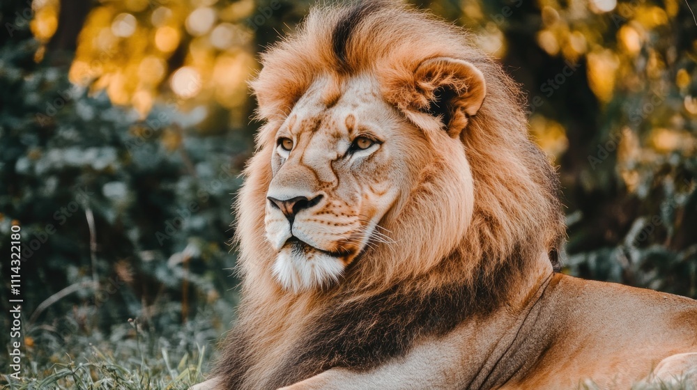 Fototapeta premium Majestic lion with a powerful gaze in a green forest.