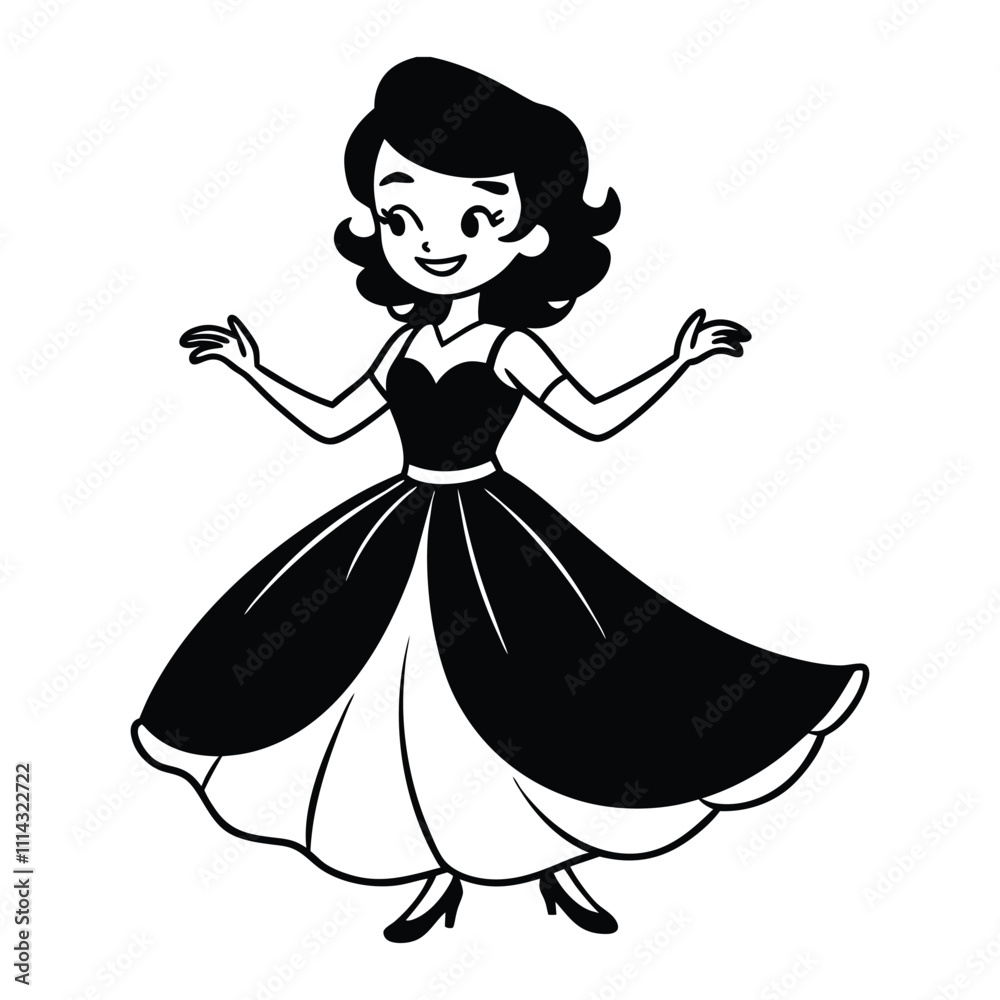 Fototapeta premium Dancing woman vector illustration with princess dress and flowing hair.