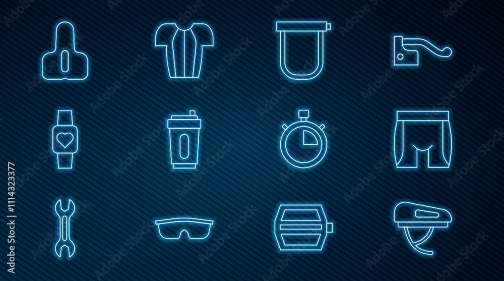 Set line Bicycle helmet, Cycling shorts, lock, Sport bottle with water, Smart watch, seat, Stopwatch and t-shirt icon. Vector Set line Bicycle helmet, Cycling shorts, lock, Sport bottle with water, Smart watch, seat, Stopwatch and t-shirt icon. Vector
