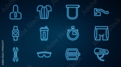 Set line Bicycle helmet, Cycling shorts, lock, Sport bottle with water, Smart watch, seat, Stopwatch and t-shirt icon. Vector