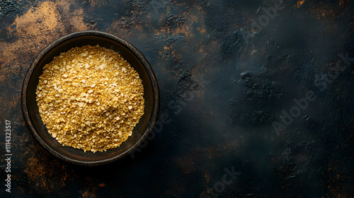 Golden nutritional yeast fills rustic bowl from top view with copy space showing vegan organic diet food healthy essence, featuring natural fresh nutritious protein superfood.