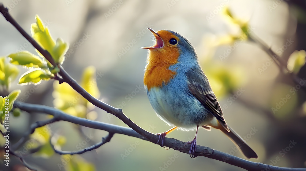 Melodious bird perched singing sweet song on tree branch in spring nature, forest wildlife with cute happy animal sounds echoing through leaves. Melodious bird perched singing sweet song on tree branch in spring nature, forest wildlife with cute happy animal sounds echoing through leaves.