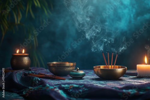 Tibetan singing bowls, incense sticks, and candles on a table with fabric in an oriental style, for meditation or yoga photo