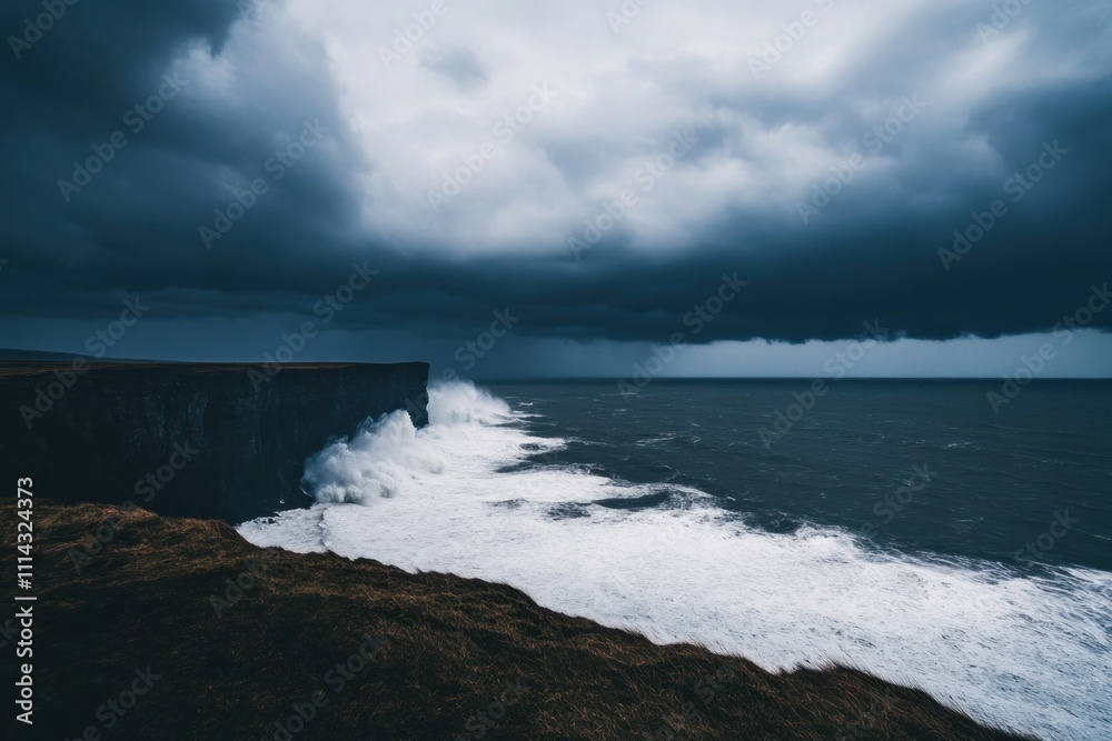 Dramatic Ocean Waves Crashing Against Dark Cliffs Dramatic Ocean Waves Crashing Against Dark Cliffs