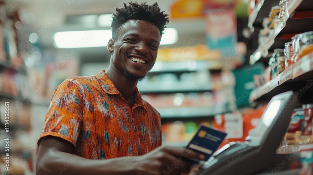 With a bright smile, he makes a cashless payment using his credit card, ensuring a seamless shopping experience.