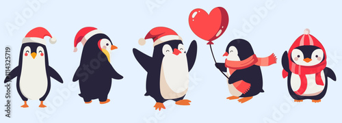 Cute penguins in Christmas attire, perfect for holiday cards, winter designs, and children's projects