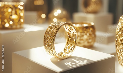 Golden bangles showcased in a jewelry store, reflecting gold prices, luxury investment, and economic value. photo