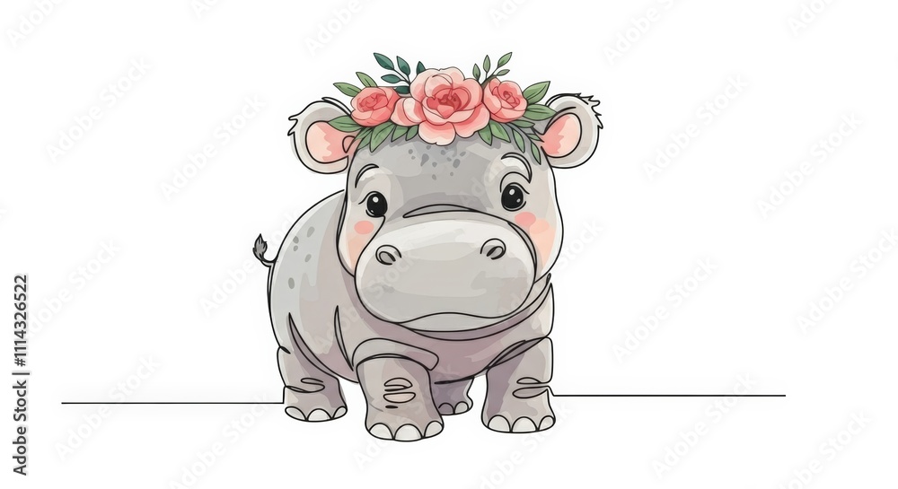 Cute Hippopotamus with Floral Crown Cute Hippopotamus with Floral Crown