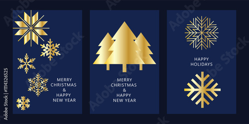 Set of Merry Christmas cards and invitations. Golden snowflakes, Christmas trees and Christmas star on a blue background. Design illustration for cover, print, poster, wallpaper and banner vector.