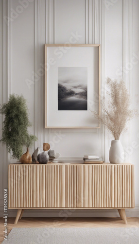 Scandinavian home interior design of modern living room Artistic wooden carving sideboard with flowi photo