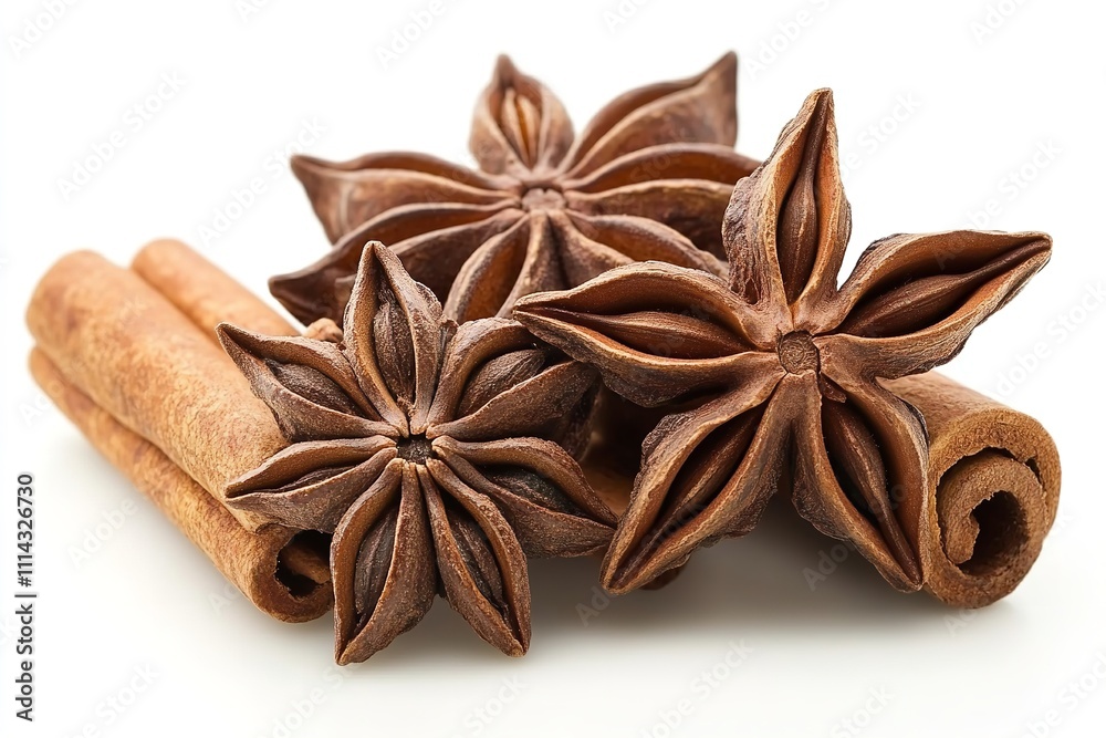 Isolated against a white backdrop are cinnamon sticks and an anise star. Generative Ai Isolated against a white backdrop are cinnamon sticks and an anise star. Generative Ai