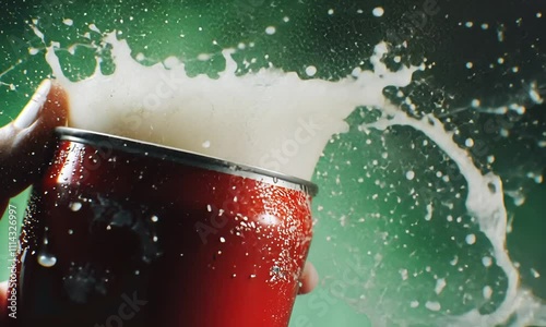 A close-up of a fizzy beverage can overflowing with foam against a green backdrop.