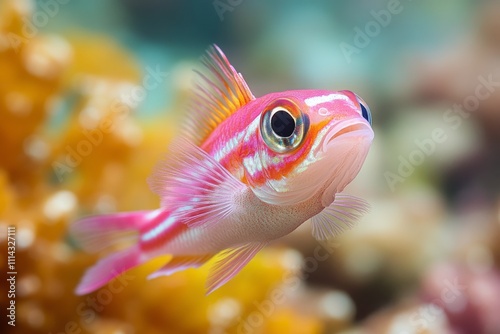 Vibrant striped fish swimming near colorful coral in a tropical reef environment photo