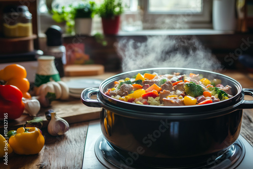 Slow cooker with steam rising, filled with colorful vegetables and tender meat, sitting on a rustic wooden kitchen table.