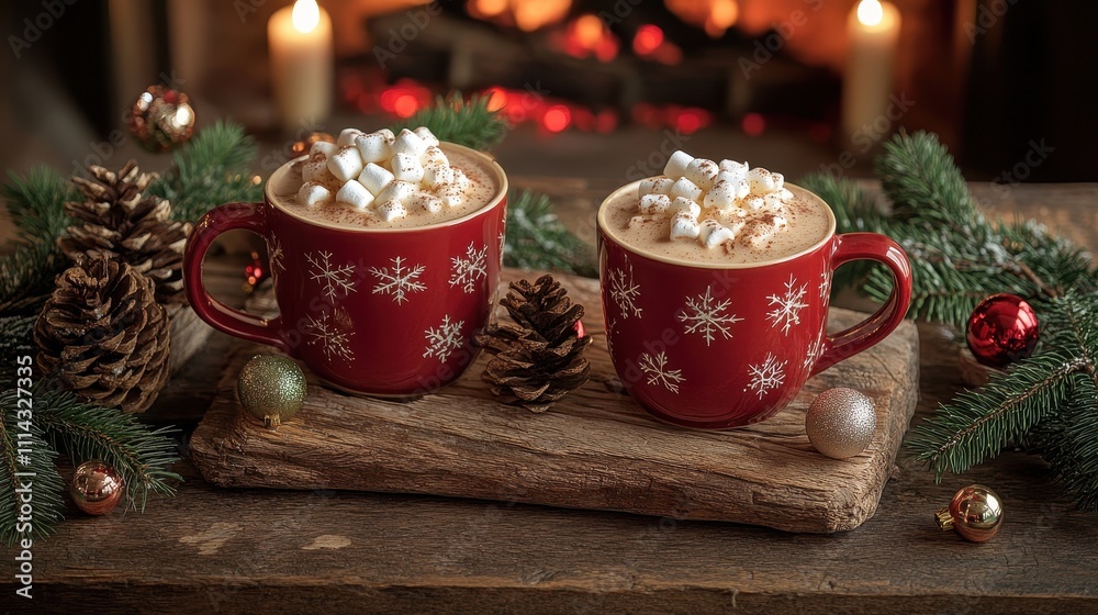 Cozy Christmas scene with a warm fireplace mugs of hot chocolate with marshmallows and various holiday such as pine trees ornaments and candles on a rustic wooden table Cozy Christmas scene with a warm fireplace mugs of hot chocolate with marshmallows and various holiday such as pine trees ornaments and candles on a rustic wooden table