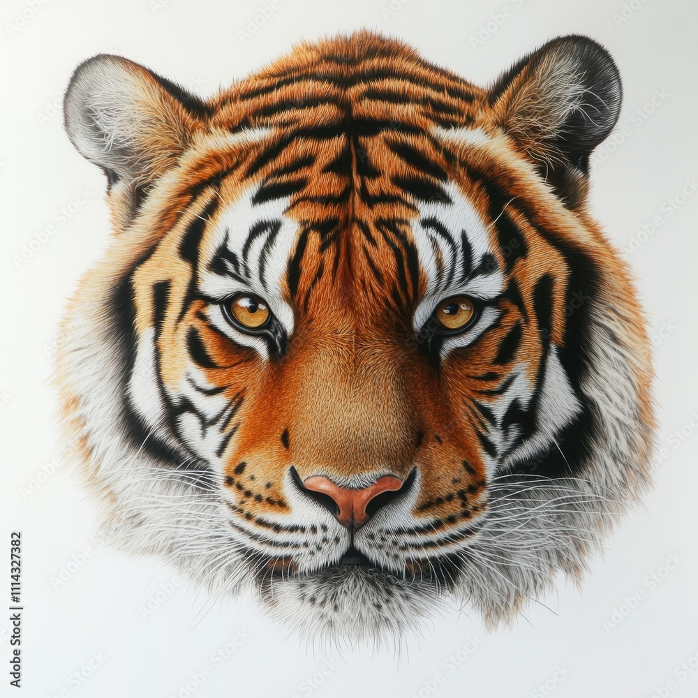 A detailed illustration of a majestic tiger's face, highlighting its vivid orange fur and bold black stripes against a white background. A detailed illustration of a majestic tiger's face, highlighting its vivid orange fur and bold black stripes against a white background.
