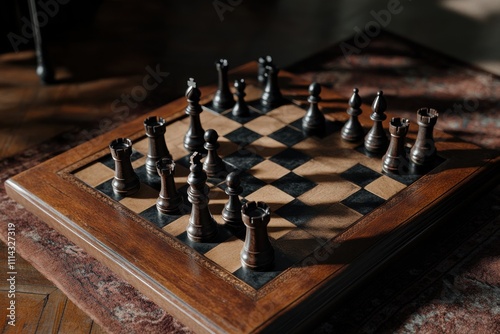 A game of chess in progress, dark wooden pieces on a rich brown board. photo