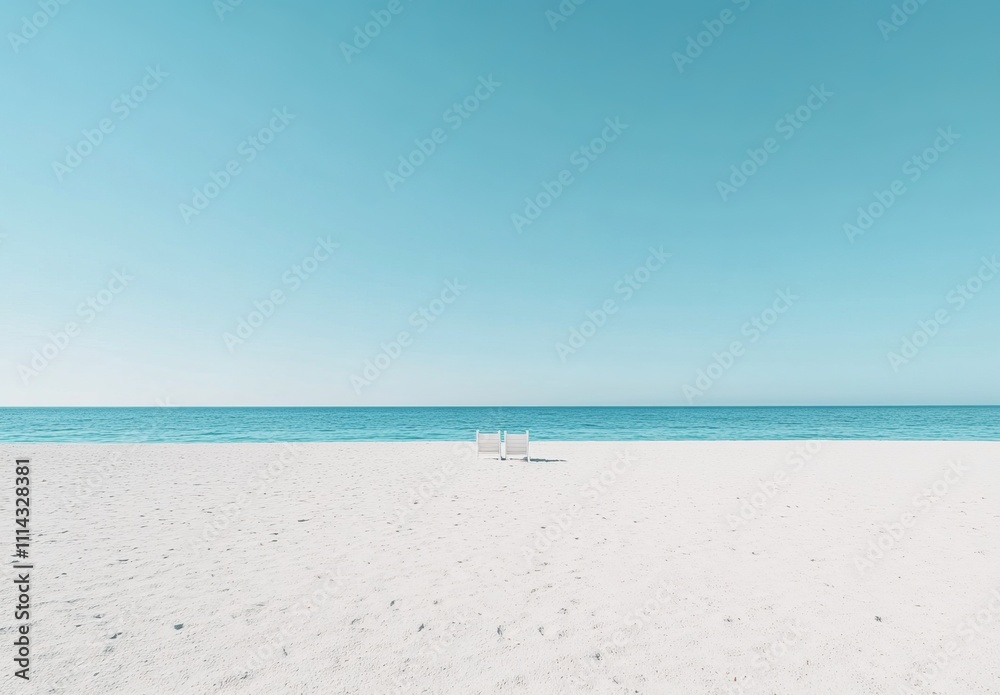 Serene Beach Scene: Empty White Sand Beach Meets Azure Ocean Under a Pristine Sky Serene Beach Scene: Empty White Sand Beach Meets Azure Ocean Under a Pristine Sky