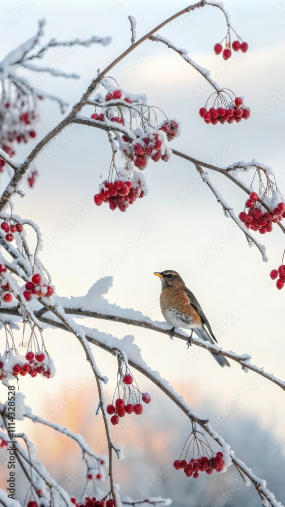 Serene Winter Landscape With a Bird Perched on a Snow-Covered Branch Among Red Berries. Generative AI Serene Winter Landscape With a Bird Perched on a Snow-Covered Branch Among Red Berries. Generative AI