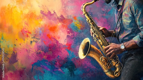 Close-up of a musician playing a gold tenor saxophone against a vibrant abstract paint splatter background.