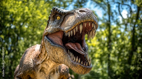 Close-up of a roaring Tyrannosaurus Rex model in a lush green forest setting. photo