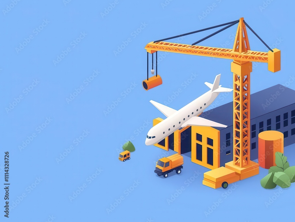 Fototapeta premium Isometric airport terminal under construction with scaffolding and workers installing jet bridges
