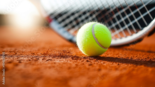 close up of bright yellow tennis ball bouncing on clay court, showcasing dynamic motion and texture of surface. tennis racket is blurred in background, adding depth to scene
