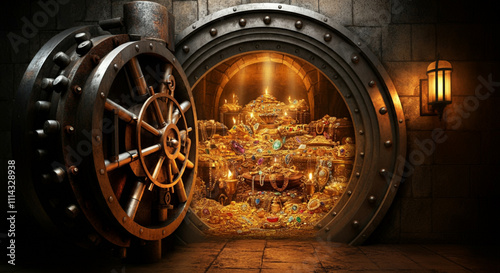 An epic vault door opening to reveal a treasure trove of gold and jewels