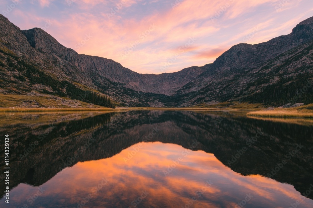 Fototapeta premium Mountain Lake Reflecting Sunset Sky Colors