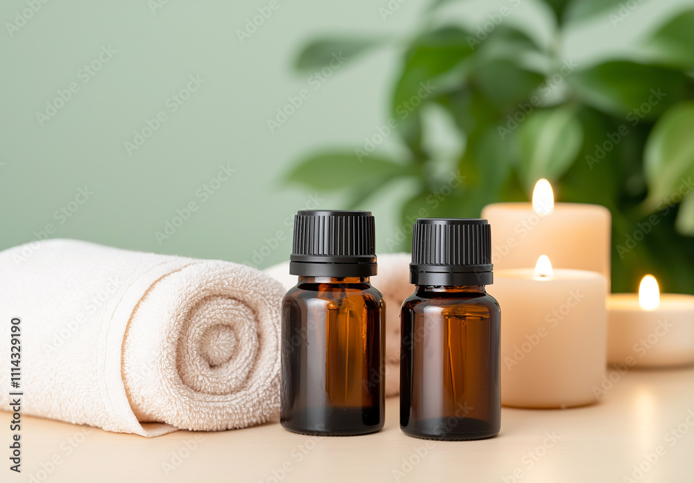 Aromatic essential oils in amber bottles beside rolled towel and candles create calming spa atmosphere. Perfect for relaxation and wellness Aromatic essential oils in amber bottles beside rolled towel and candles create calming spa atmosphere. Perfect for relaxation and wellness
