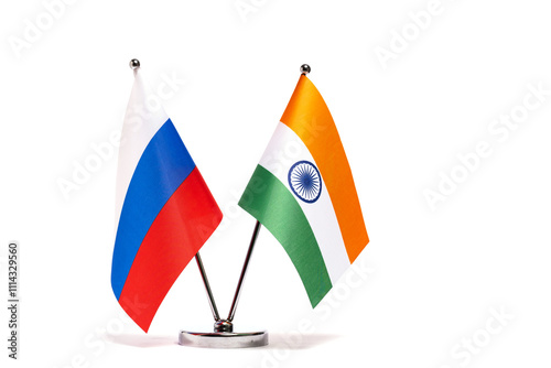 Table flag of Russia and India on white background.